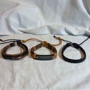 Set of 3 Adjustable Leather Bracelets - Brown, Tan & Black